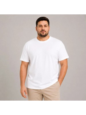 Tarz Yeri Erkek Battal Big Size Basic Tişört Bisiklet Yaka Rahat Kalıp T-Shirt - Beyaz