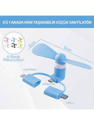 MiraLive Mini Telefon Fanı - Lightning - Type-C - Micro USB Girişli - Sessiz