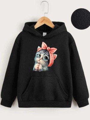 Tarz Yeri Çocuk Unisex Kapüşonlu Tatlı Kedi Baskılı Sweatshirt - Siyah
