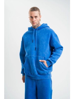 Tarz Yeri Erkek 3 Iplik Pamuklu Oversize Kapüşonlu Yıkamalı Hoodie Sweatshirt - Mavi