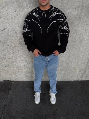 Tarz Yeri Erkek 3 Iplik Pamuklu Yıldırım Baskılı Bisiklet Yaka Sweatshirt - Siyah