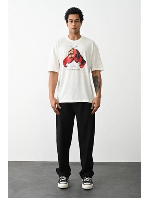 Tarz Yeri Erkek Box Eldiven Baskılı T-Shirt Kısa Kol Bisiklet Yaka Tişört - Beyaz