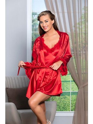 Hace Bazaar Kuşaklı Mini Boy Saten Sabahlık Kırmızı (MGP11500) -Hcb