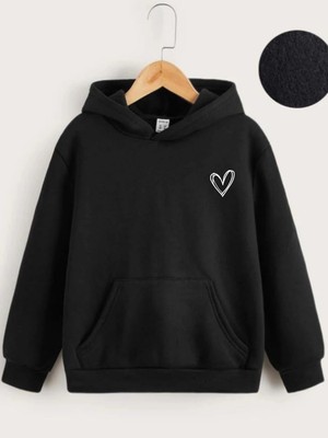 Tarz Yeri Çocuk Unisex Kapüşonlu Çizgi Kalp Baskılı Sweatshirt - Siyah