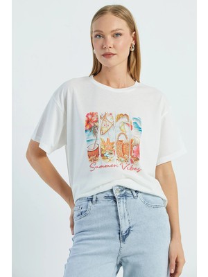 FullaModa Taşlı Summer Vibes Baskılı Tişört
