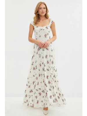 FullaModa Dantelli Çiçek Desenli Maxi Boy Elbise