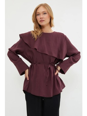 FullaModa Fullamodest Pelerin Detaylı Beli Bağlamalı Tunik
