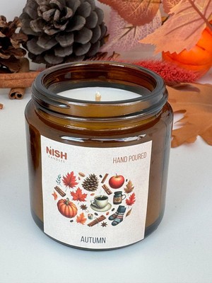 Doğal Soya Mumu Sonbahar Kokulu Kapaklı Amber Cam Kavanozda