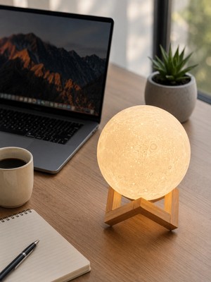 Hobilinka 3D Ay Gece Lambası Ahşap Standlı Dekoratif LED Masa Lambası
