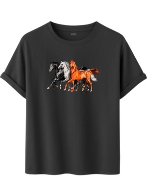 Dk Daksel Daksel Unisex At Baskılı T-SHIRT,%100 Pamuk, Rahat Kesim, Kısa Kollu, Yuvarlak Yaka, Günlük Kullanım