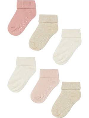 Mem Socks 6'lı Organik Pamuklu Kaydırmaz Çocuk-Bebek Çorabı (Pembe-Bej-Krem, 6-18 Ay)