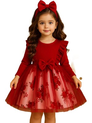 Hepta Collection Kız Çocuk Çiçekli Tül Pamuklu Doğum Günü Hediye Günlük Elbise (Kırmızı, 5 Yaş)