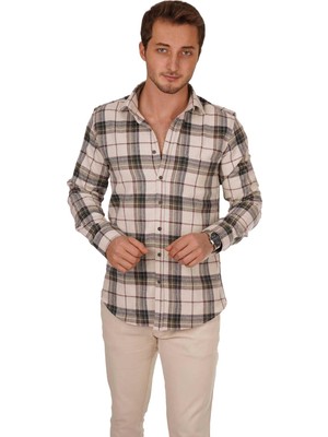 Hepta Collection Krem Yeşil Desenli Slimfit Oduncu Hediye Kutulu Erkek Gömlek M