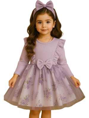 Hepta Collection Kız Çocuk Çiçekli Tül Pamuklu Doğum Günü Hediye Günlük Elbise (Mor, 4 Yaş)