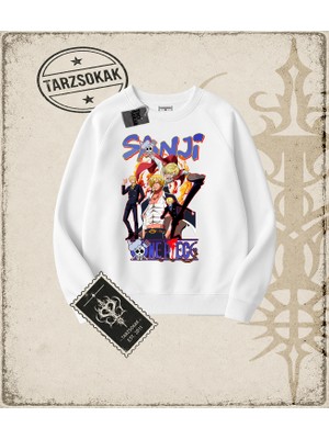 Tarzsokak One Piece Anime Karakterleri  Oversize Unisex Bisiklet Yaka Sweatshirt Beyaz