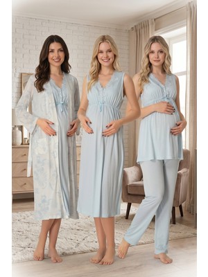 Lohussa Kadın Mavi Geniş Askılı Desenli Hamile Lohusa Sabahlık Pijama Takımı Gecelik 4'lü Set