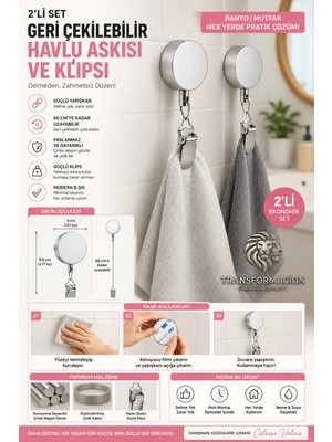 Transformacion 2li Geri Çekilebilir Havlu Askısı Yapışkanlı Mutfak Banyo Havlu Klipsi Duvar Askılığı Kancası Delmesiz Çinko Alaşım Metal Pratik Havlu Tutucu 723454