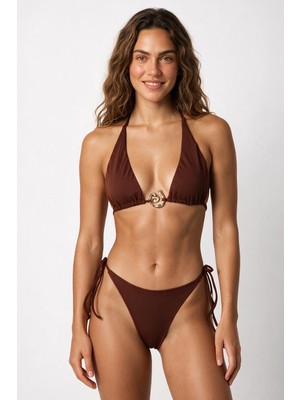 Aquella Aksesuar Detaylı Koyu Kahve Uzun Üçgen Bikini Takım
