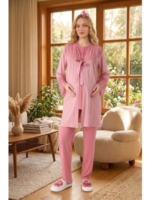 raia Yeni Sezon Nar Çiçeği Yazlık Jakarlı Düğmeli Tasarım Dantel Detaylı Hamile Sabahlık Pijama Takım Set