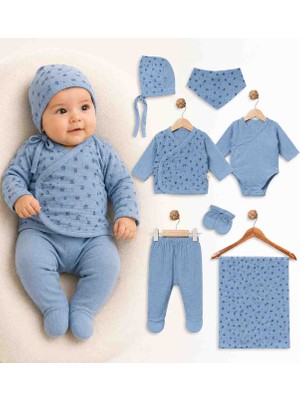 Babys Tasarım 7'li Müslin Hastane Çıkışı Seti Yenidoğan Bebek Takımı Zıbın Alt Üst Şapka Eldiven Önlük Battaniye