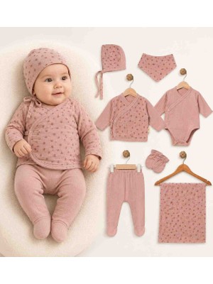 Babys Tasarım 7'li Müslin Hastane Çıkışı Seti Yenidoğan Bebek Takımı Zıbın Alt Üst Şapka Eldiven Önlük Battaniye