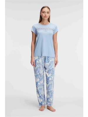 Hace Bazaar Marsilyan-  Kısa Kol Bisiklet Yaka Kadın Viskon Çiçek Desenli Yazlık Örme Dantel Detaylı Pijama Takımı