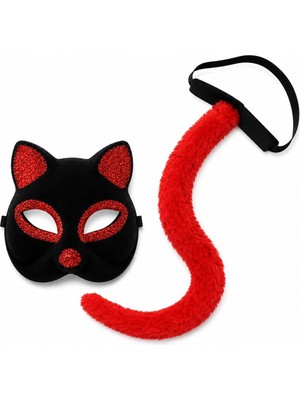 Hobilinka Kırmızı Kedi Maske ve Kuyruk Seti Parti Kostüm Aksesuarı