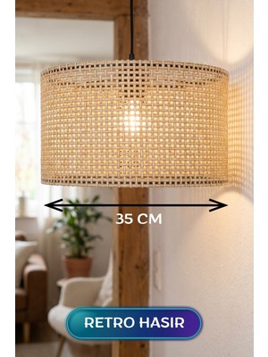Hace Bazaar Retro Hasır Kumaş Başlıklı Sarkıt Avize 35 cm -Hcb