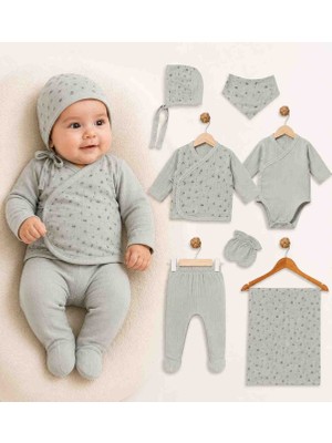 Babys Tasarım 7'li Müslin Hastane Çıkışı Seti Yenidoğan Bebek Takımı Zıbın Alt Üst Şapka Eldiven Önlük Battaniye