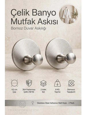 Transformacion 2 Li Set Çelik Yapışkanlı Banyo Havluluk Mutfak Askısı Gümüş Bornoz Duvar Askılığı 4,5 cm Çap 304 Paslanmaz 723453