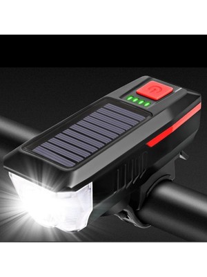 Marsilyan Solar Enerjili USB ile Şarj Edilebilir Ledli Bisiklet Feneri Kornalı ve Su Geçirmez Far