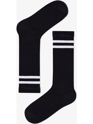 Penti Kız Çocuk Siyah Sporty Black Fitilli Çizgili Pamuklu Pantolon Çorap