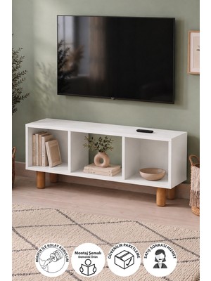 Bofigo Tv Sehpası 3 Raflı Tv Ünitesi Televizyon Sehpası Küba Beyaz