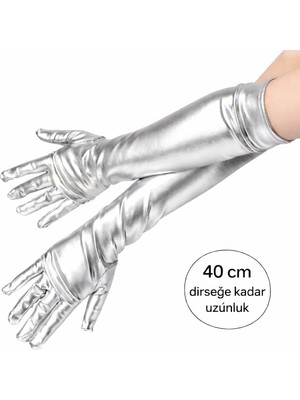 Lüks Gümüş Renk Saten Dirsek Altı Eldiven 40 cm