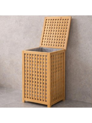 Kalın Ahşap Bambu Kirli Çamaşır Sepeti - Kumaş Çantalı 40X40X58CM