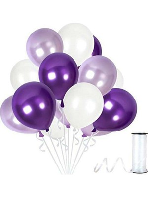 TUX 25 Adet Parti Balonu -Lila - Mor - Beyaz Metalik Balon