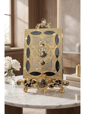 Rasha Collection Işlemeli Altın Renk Metal Kuran Kutusu ve Dekoratif Ayaklı Stand Seti