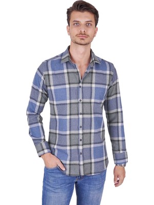 Hepta Collection Mavi Gri Kareli Slimfit Oduncu Hediye Kutulu Erkek Gömlek Xl
