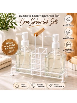 Tunay 2'li Cam Sıvı Metal Standlı Sabunluk & Deterjanlık Seti Beyaz Kapak- 500 ml