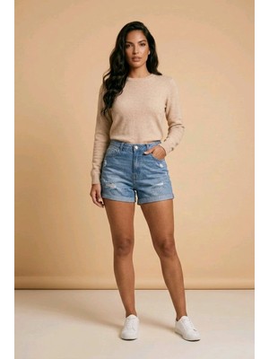 Hies Mavi Ters Paça Esnek Yüksek Bel Kadın Kot Şort, Yırtık Detaylı Jeans 40 cm