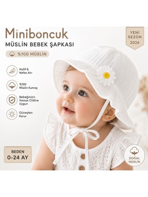 Mini Boncuk Miniboncuk Müslin Bebek Şapkası Çiçek Detaylı Bağlamalı Beyaz Güneş Şapkası 🌼