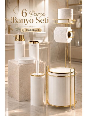 Okyanus Home Yuvarlak Gold Yedekli Wc Kağıtlık ve 6 Parça Banyo Seti - Kırık Beyaz