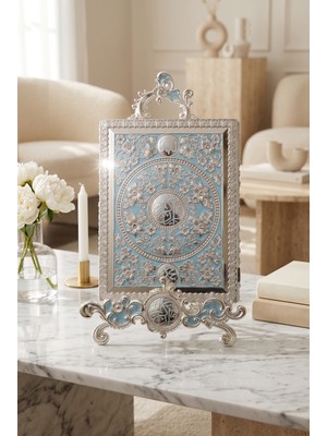 Rasha Collection Gümüş Renk Işlemeli Metal Kuran Muhafaza Kutusu ve Stand Seti