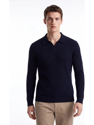 Fabrika Lacivert Erkek Slim Fit Fitilli Kazak F6WM-KZK 2033
