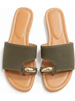 Ne&Ve Shoes Haki Süet Hakiki Deri Tokalı Parmak Arası Kadın Şık ve Rahat Terlik