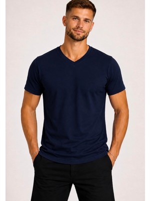 Axxel Erkek Dark Lacivert Pamuklu V Yaka Kısa Kollu T-SHIRT-D804