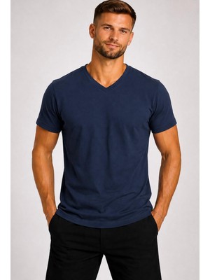 Axxel Erkek Dark İndigo Pamuklu V Yaka Kısa Kollu T-SHIRT-D804
