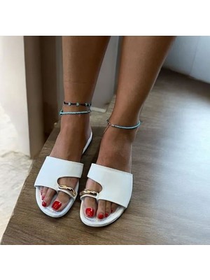 Ne&Ve Shoes Beyaz Deri Tokalı Parmak Arası Kadın Şık ve Rahat Terlik