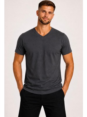 Axxel Erkek Koyu Füme Pamuklu V Yaka Kısa Kollu T-SHIRT-D804