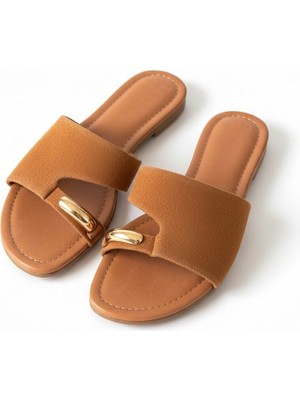 Ne&Ve Shoes Taba Süet Hakiki Deri Tokalı Parmak Arası Kadın Şık ve Rahat Terlik